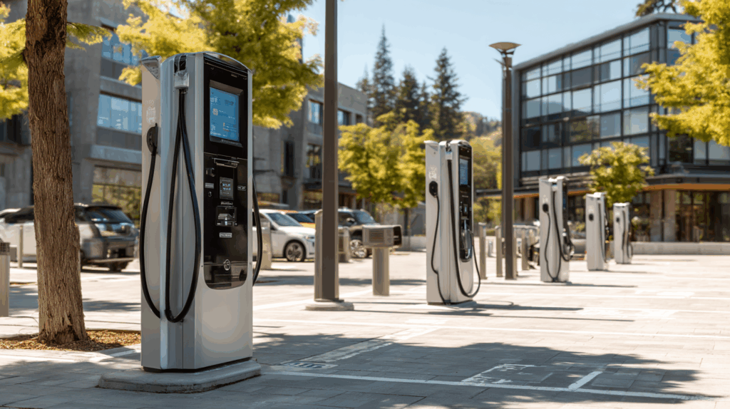 Close-up view of a commercial EV charging station for campus use